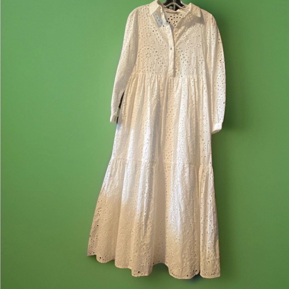 Zara White Eyelet Midi Dress Small 100% Cotton Boho Chic Tiered Shirt Dress S - Picture 3 of 7